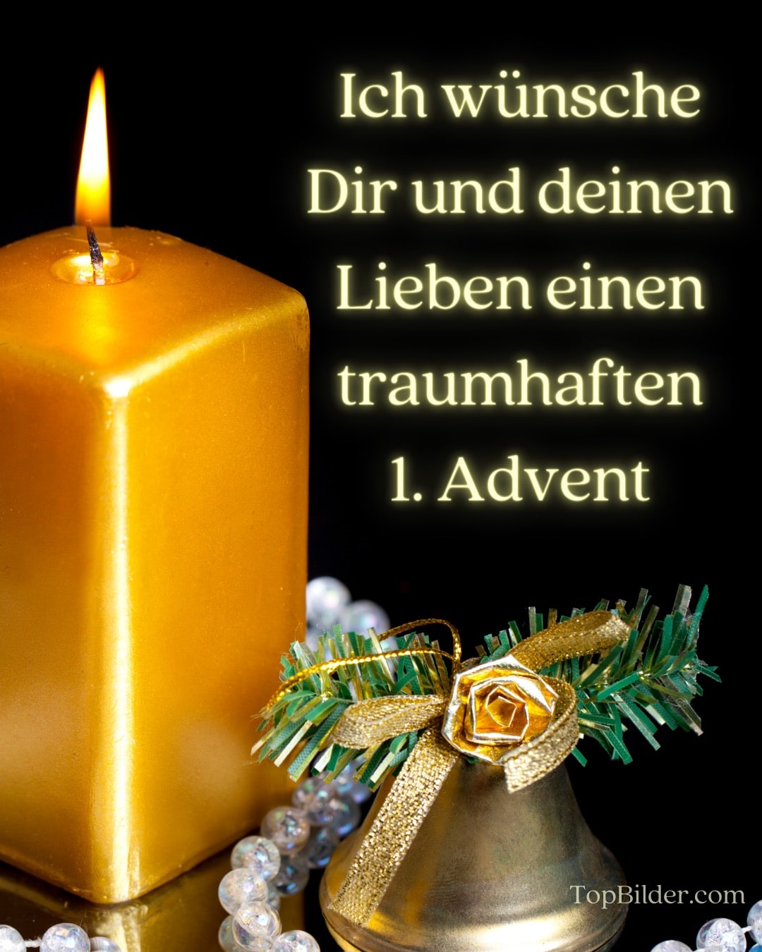 würfelförmige Goldkerze mit Weihnachtsglocke und 1. Adventsgrußtext