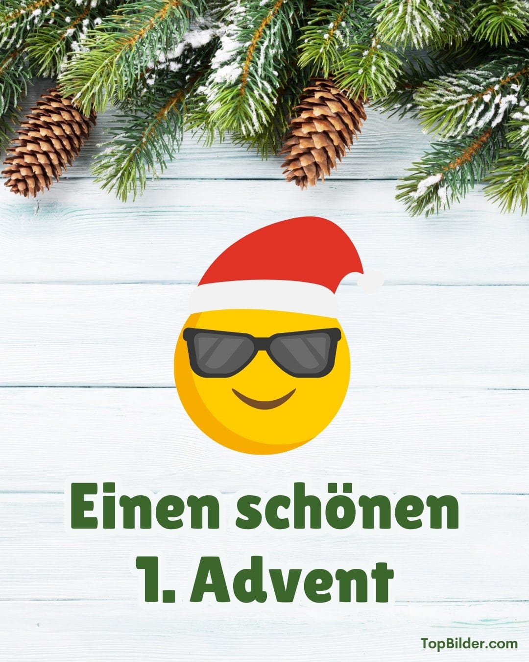 Eine festliche Grafik wünscht einen schönen 1. Advent mit Emoji in Mütze