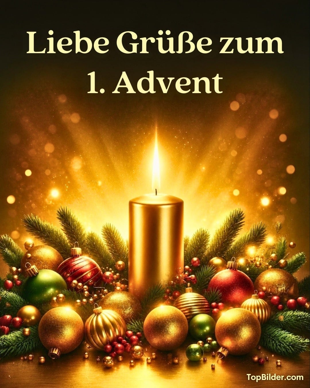Leuchtende goldene Kerze mit Tannenzweigen und bunten Christbaumkugeln, Gruß zum 1. Advent