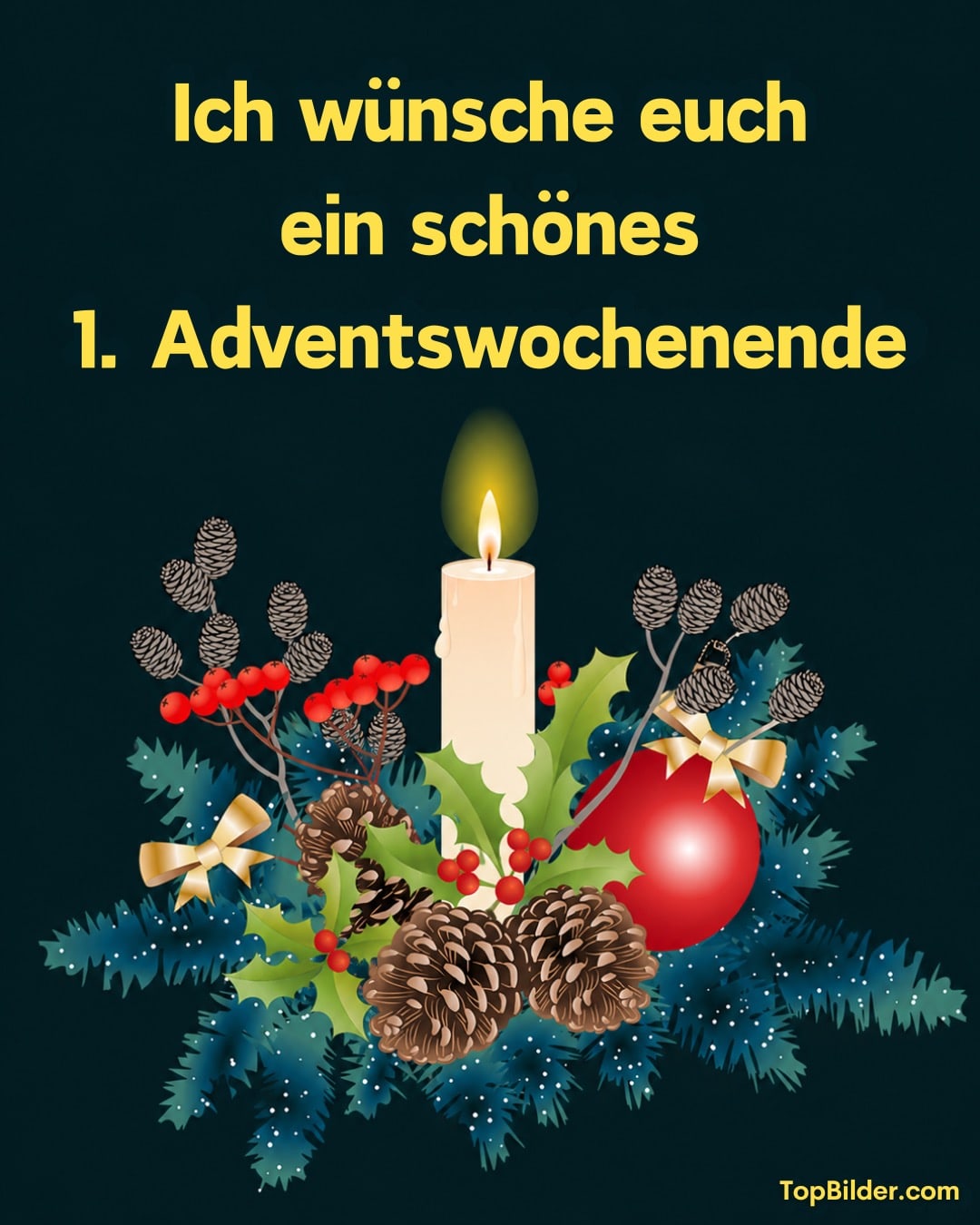 Weihnachtliches Arrangement mit brennender Kerze, Tannenzweigen, Zapfen, roten Beeren und Kugel