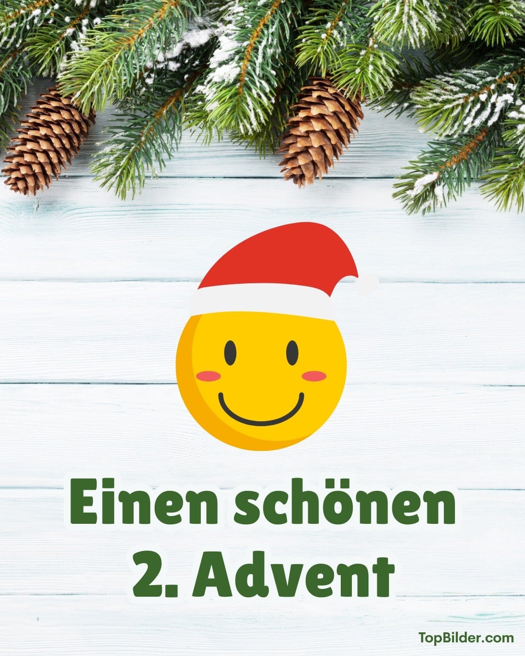 Emoji mit Weihnachtsmütze, Tannenzweigen und Zapfen, Wünsche zum 2. Advent