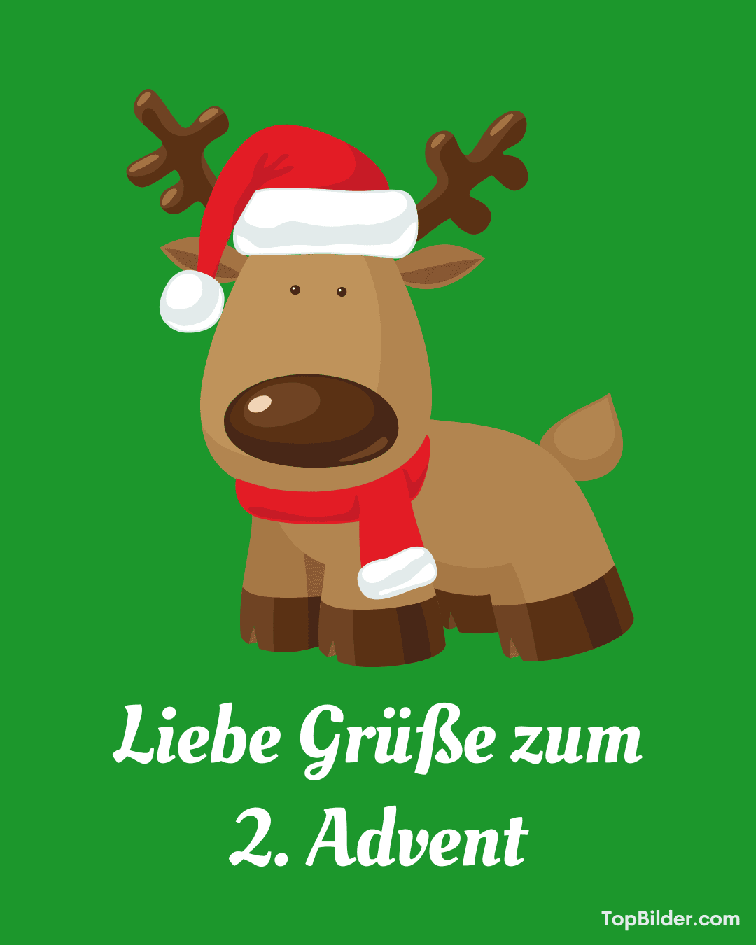 Niedliches Rentier mit Nikolausmütze und rotem Schal auf grünem Hintergrund, Adventsgruß