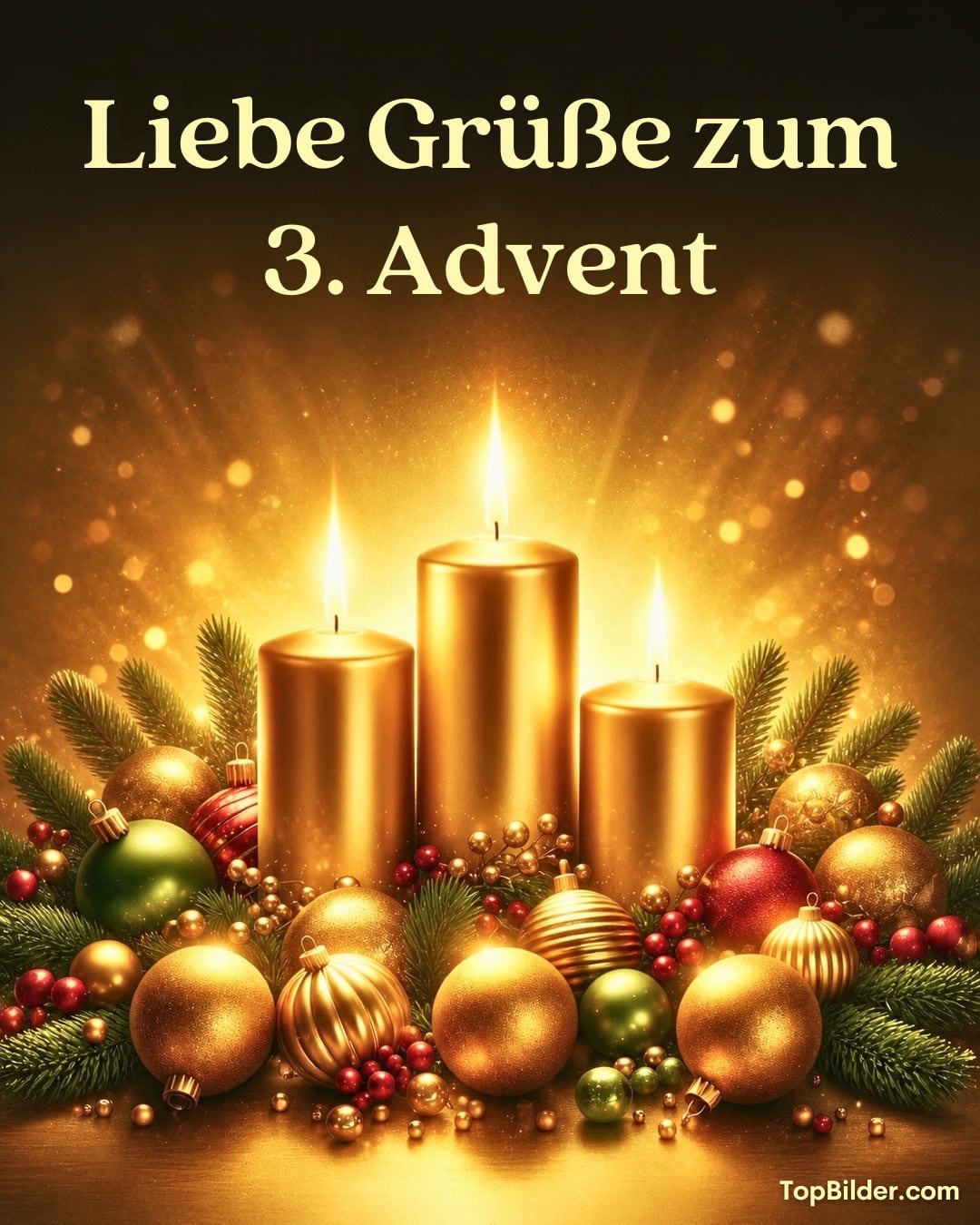 Drei brennende goldene Kerzen mit Tannenzweigen und bunten Christbaumkugeln im warmen Licht