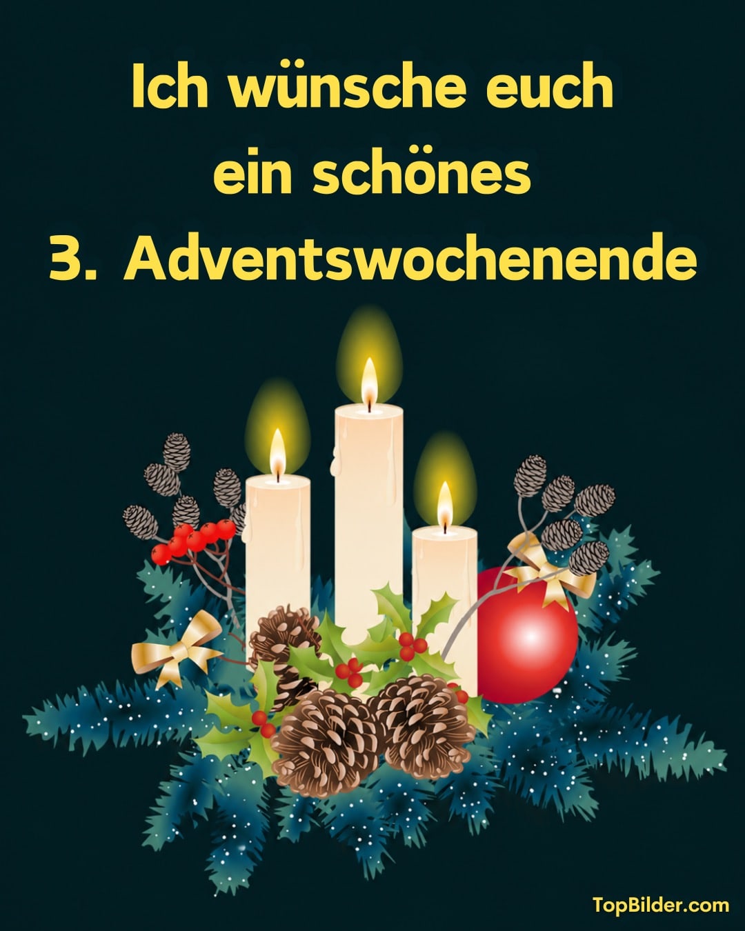 Adventsgesteck mit drei brennenden Kerzen, Tannenzweigen, Zapfen, Ilex und roter Kugel vor dunklem Hintergrund