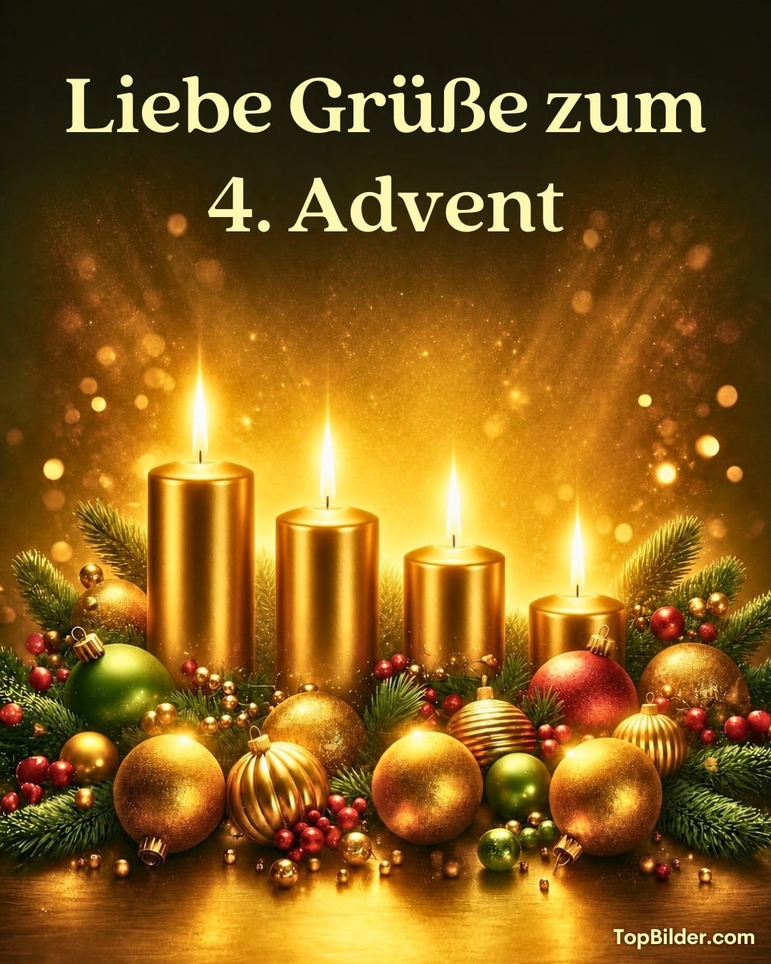 Vier goldene Adventskerzen brennen, umgeben von Tannenzweigen und Christbaumkugeln in Gold und Rot