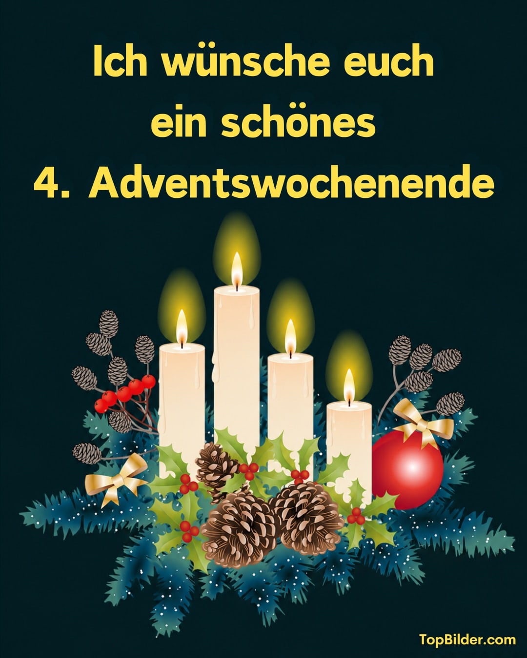 Adventsgesteck mit vier brennenden Kerzen, Tannengrün, Zapfen, roten Beeren und Kugel mit Schleife