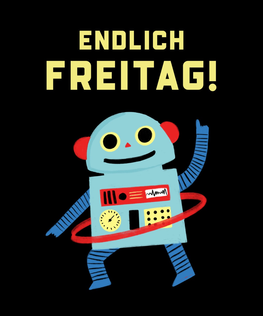 Ein fröhlicher Roboter feiert, dass es Freitag ist
