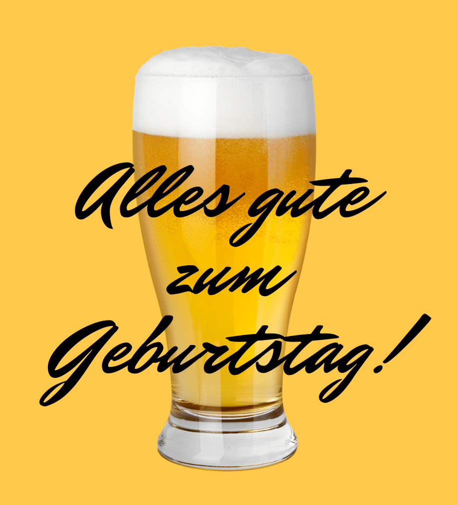 Ein Bierglas mit Schaum und Alles gute zum Geburtstag! Text auf gelbem Hintergrund