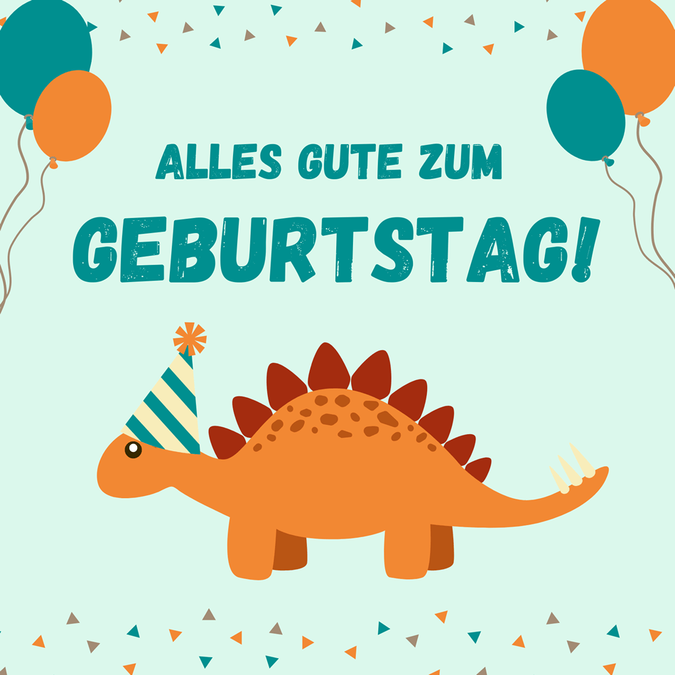Bunte Geburtstagsgrußkarte mit Dinosaurier, Luftballons und der Aufschrift Alles Gute zum Geburtstag!