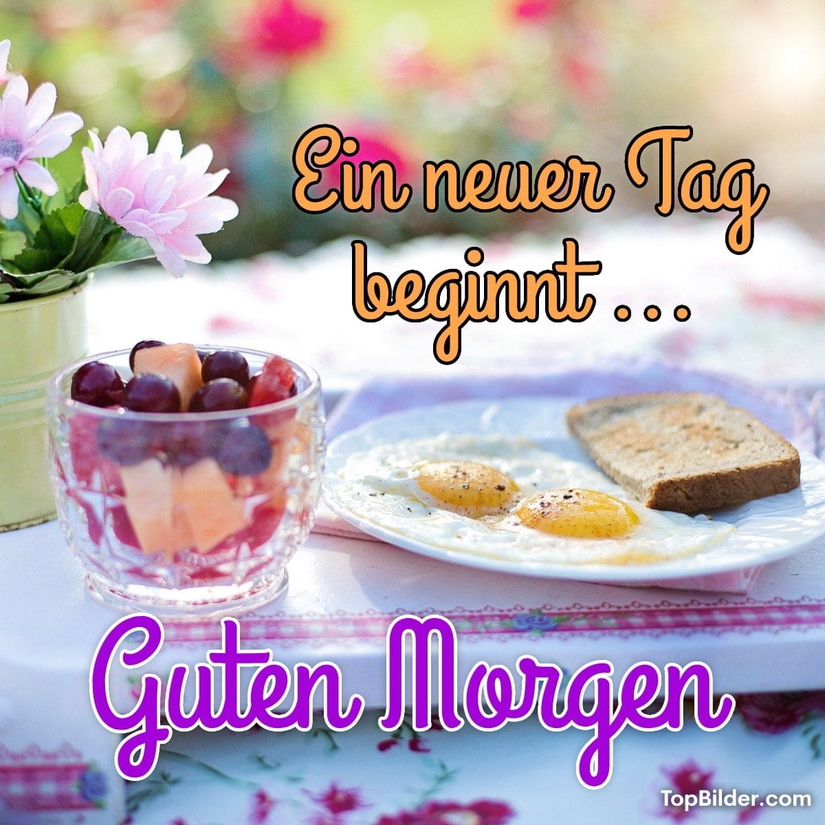 Frühstück im Garten mit Eiern, Brot und Obst. Text: Ein neuer Tag beginnt... Guten Morgen