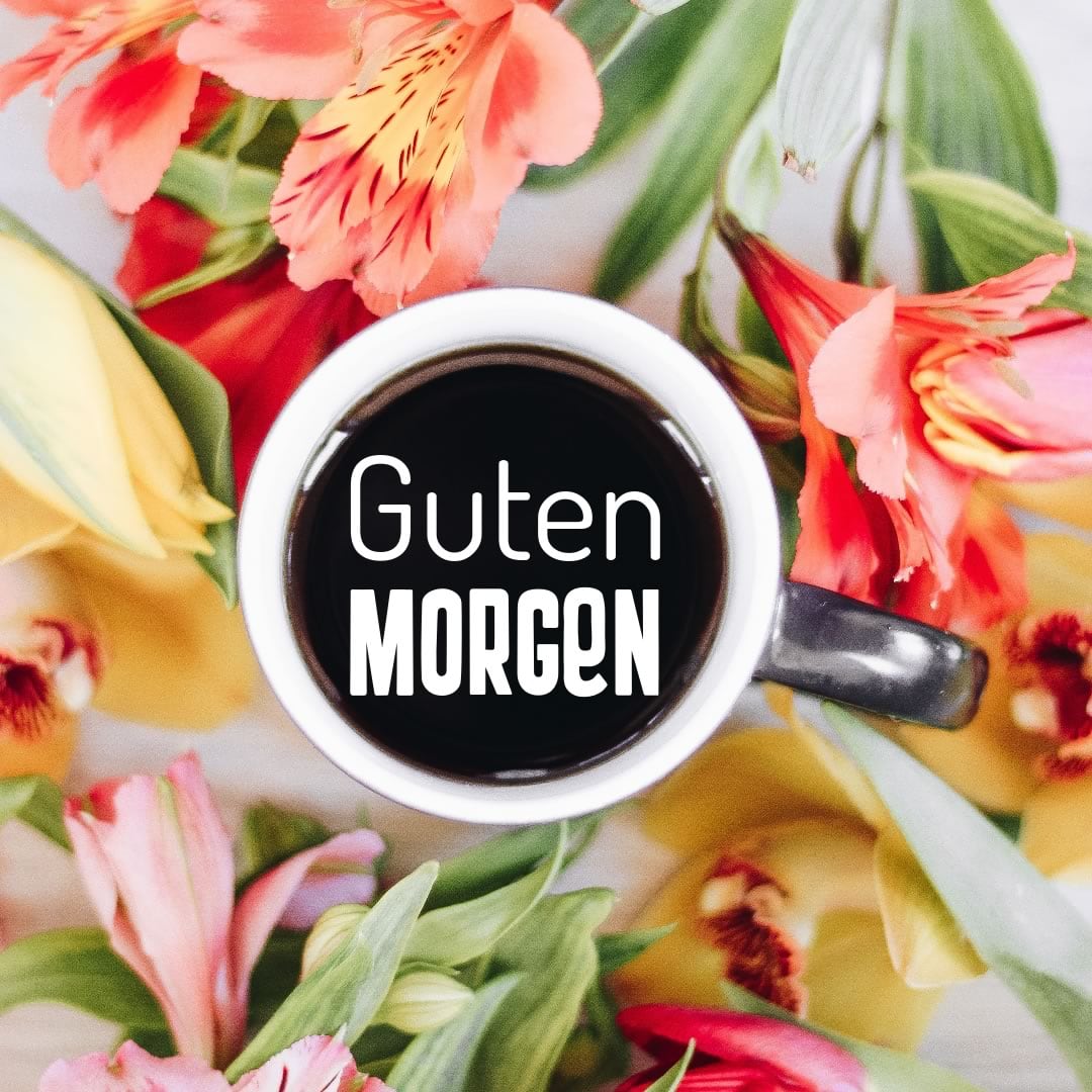 Kaffeebecher mit Guten-Morgen-Text umgeben von bunten Blumen